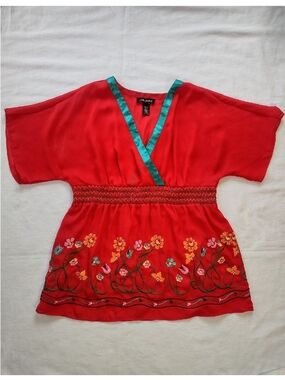 Lane Bryant Y2K Sheer Floral Embroidered Wide Sleeve Kimono Top Blouse Red 18/20